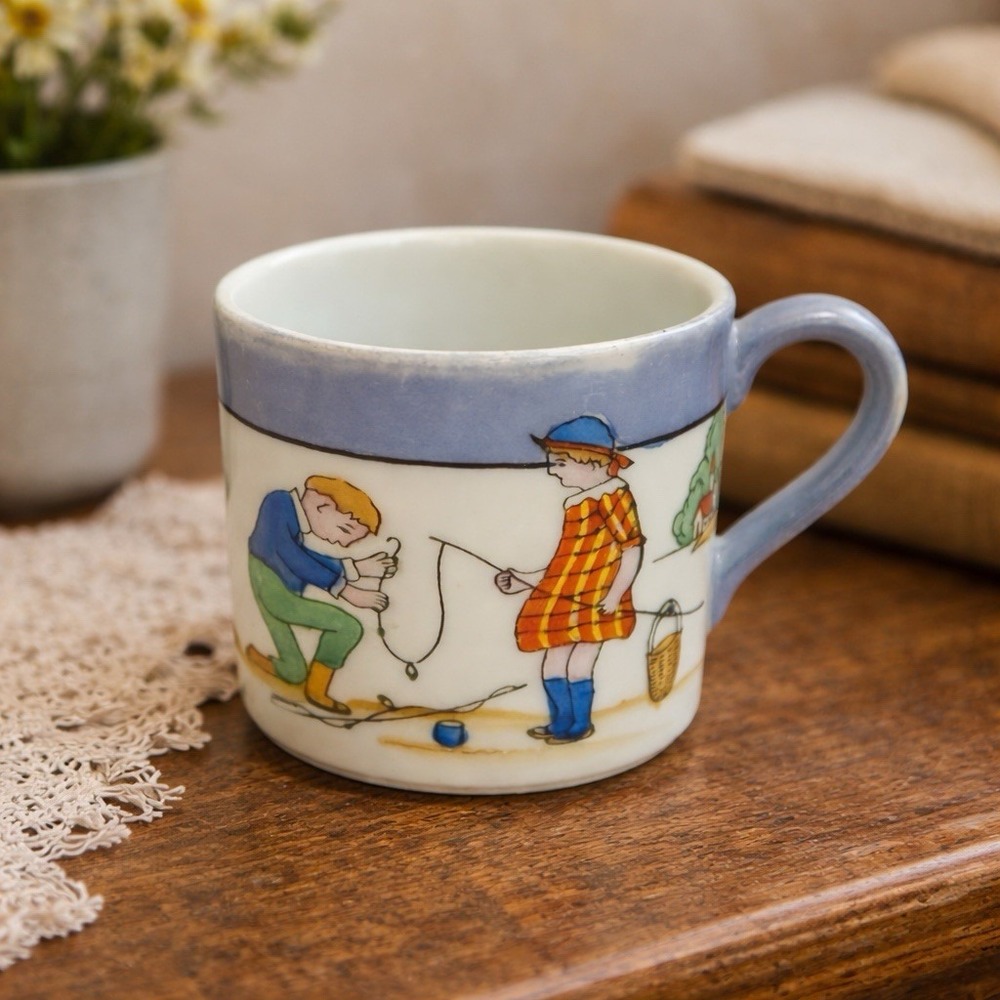 Vintage Noritake Mug Made in Japan Hand Painted Children Fishing Scene